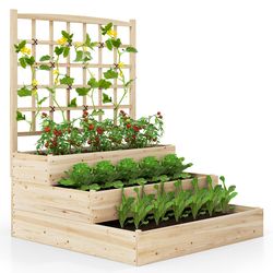 wooden raised garden bed with trellis & open-ended base, vertical planter box for outdoor vegetables, flowers and vines