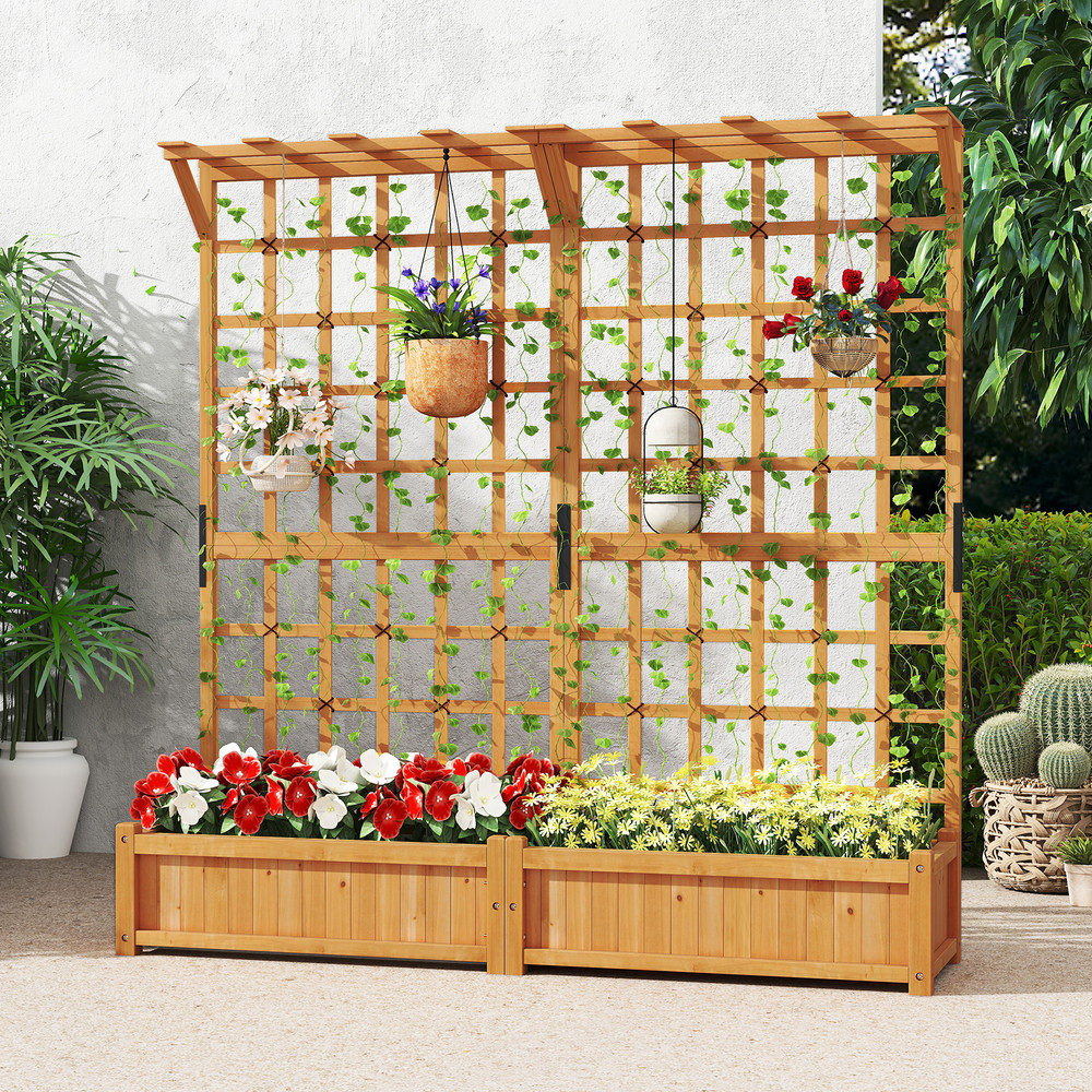 Large Wooden Raised Planter Box With Trellis And Hanging Roof Decorative Garden Bed For Patio Balco 2