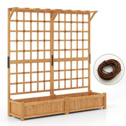 large wooden raised planter box with trellis and hanging roof, decorative garden bed for patio, balcony, or backyard