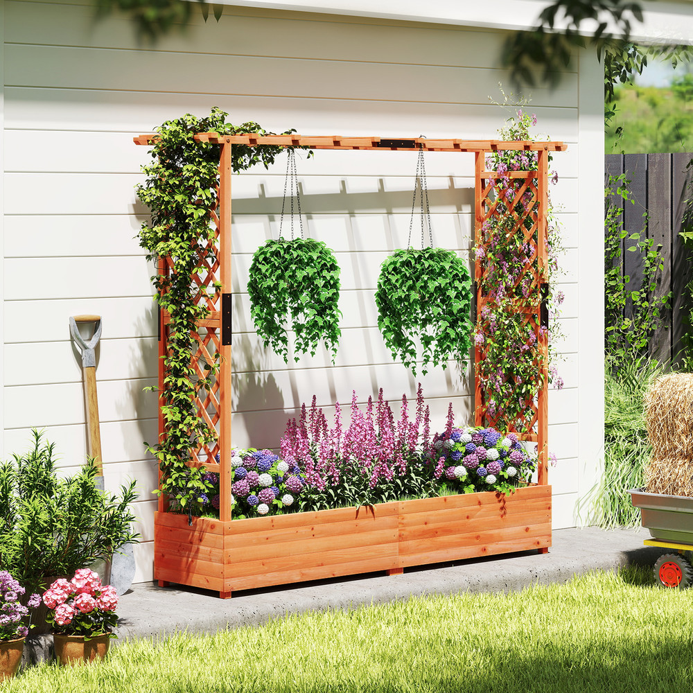 Solid Wood Raised Garden Bed With Arch Trellis Hanging Roof Decorative Planter Box For Flowers Veg 1
