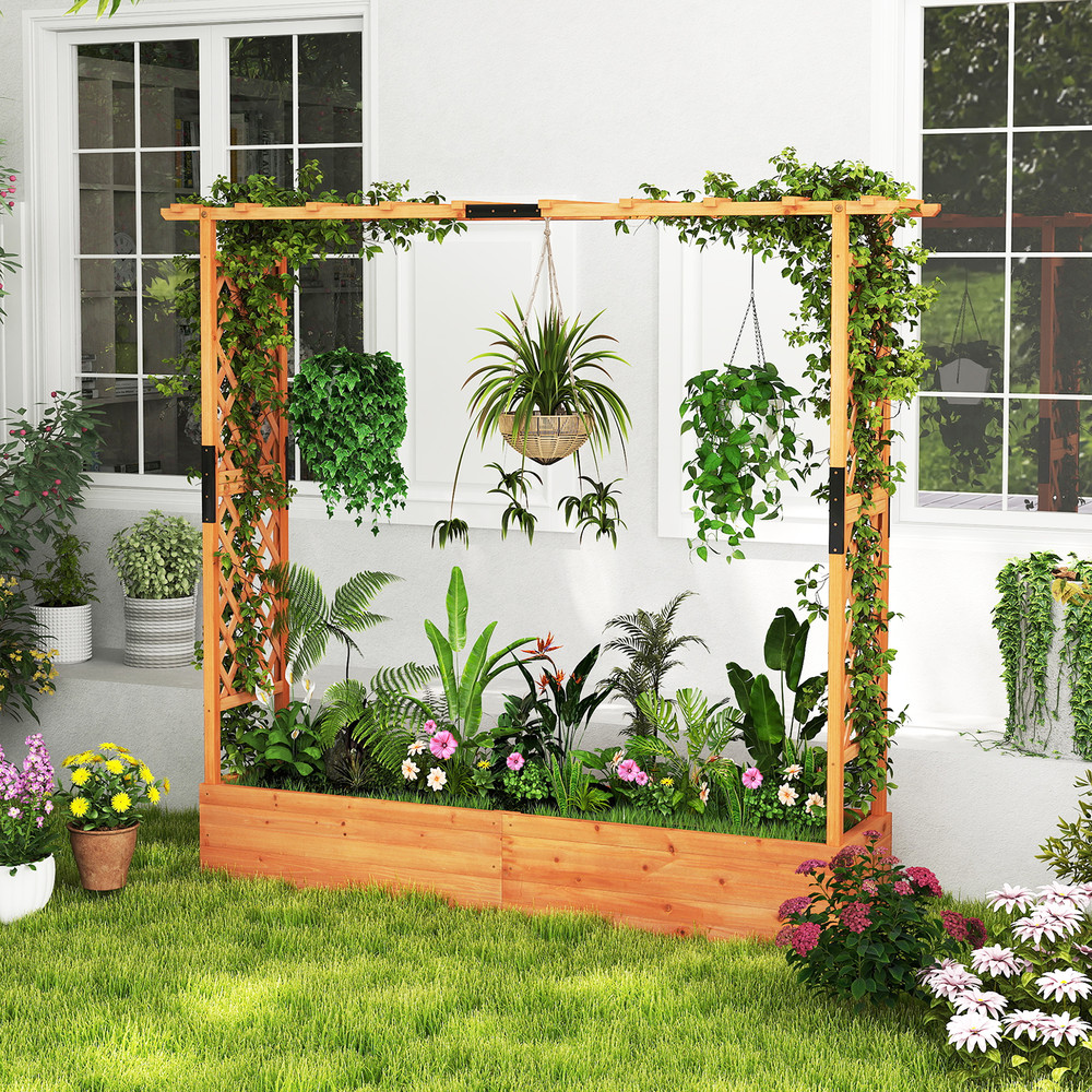 Solid Wood Raised Garden Bed With Arch Trellis Hanging Roof Decorative Planter Box For Flowers Veg 2