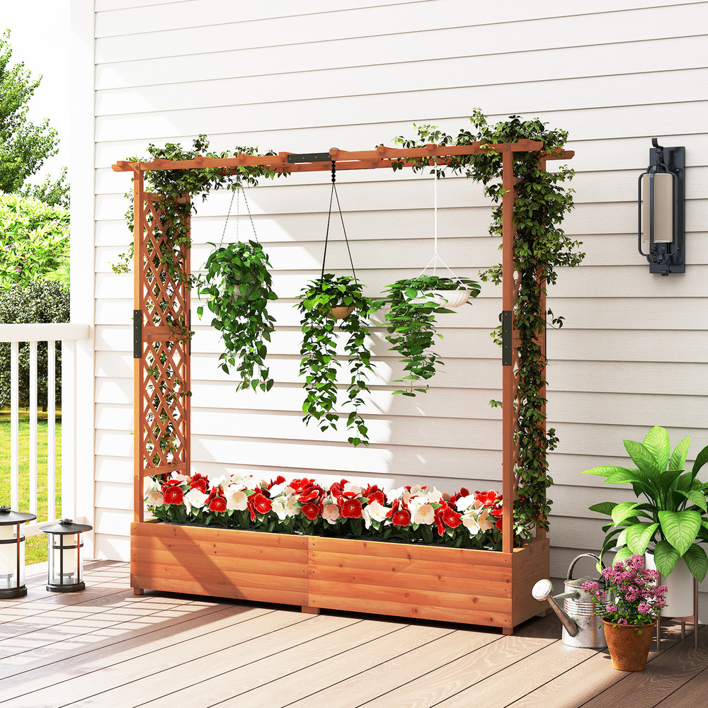 Solid Wood Raised Garden Bed With Arch Trellis Hanging Roof Decorative Planter Box For Flowers Veg 5