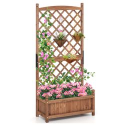 wooden raised garden bed with trellis & drainage, diamond lattice planter box for outdoor flowers, herbs & vegetables