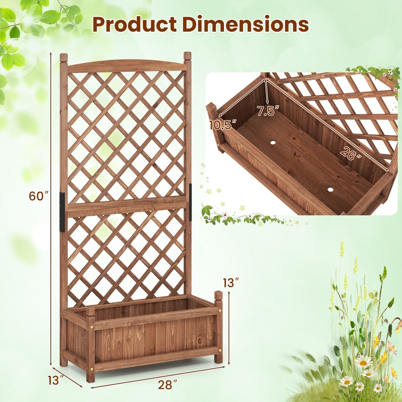 Wooden Raised Garden Bed With Trellis Drainage Diamond Lattice Planter Box For Outdoor Flowers Her 7