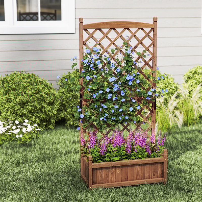Wooden Raised Garden Bed With Trellis Drainage Diamond Lattice Planter Box For Outdoor Flowers Her 4
