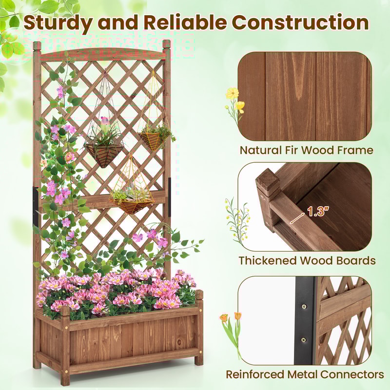 Wooden Raised Garden Bed With Trellis Drainage Diamond Lattice Planter Box For Outdoor Flowers Her 6