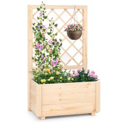 raised garden bed wooden elevated planter box with lattice trellis, outdoor planter box for vegetables, flowers
