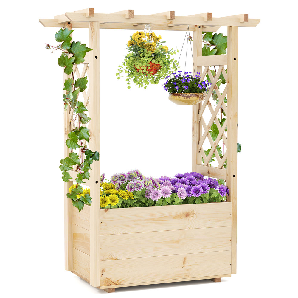 Raised Garden Bed Wooden Elevated Planter Box With Hanging Roof Outdoor Vertical Herb Flower Plant 0