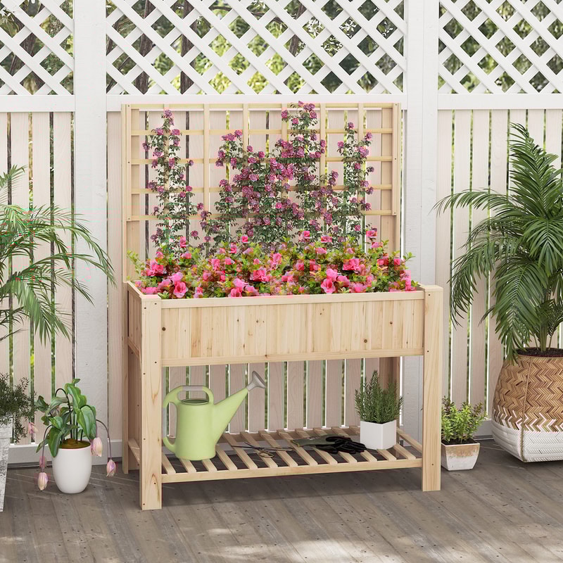 Raised Garden Bed With Trellis Wooden Elevated Planter Box With Legs And Storage Shelf For Outdoor 1