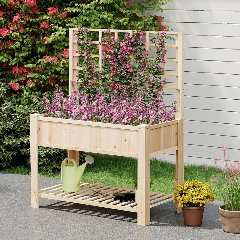 Raised Garden Bed With Trellis Wooden Elevated Planter Box With Legs And Storage Shelf For Outdoor 2