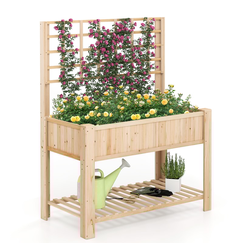 Raised Garden Bed With Trellis Wooden Elevated Planter Box With Legs And Storage Shelf For Outdoor 0
