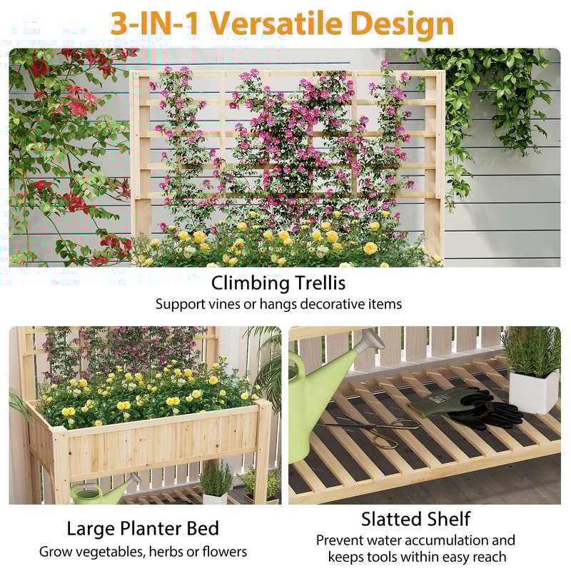 Raised Garden Bed With Trellis Wooden Elevated Planter Box With Legs And Storage Shelf For Outdoor 4
