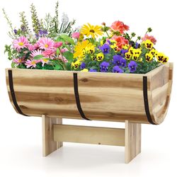 rustic outdoor wooden planter with legs, elevated barrel style garden bed for flowers, herbs & vegetables