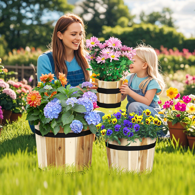 Rustic Outdoor Wooden Planter Box Set Acacia Wood Garden Pots With Drainage Holes For Balcony Patio 1