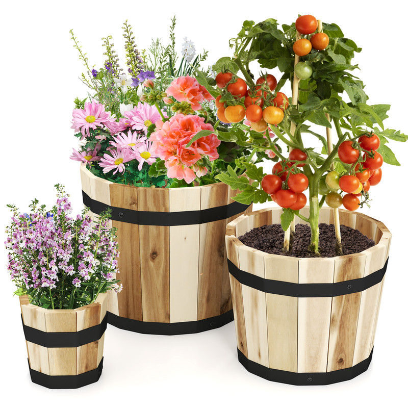 Rustic Outdoor Wooden Planter Box Set Acacia Wood Garden Pots With Drainage Holes For Balcony Patio 6