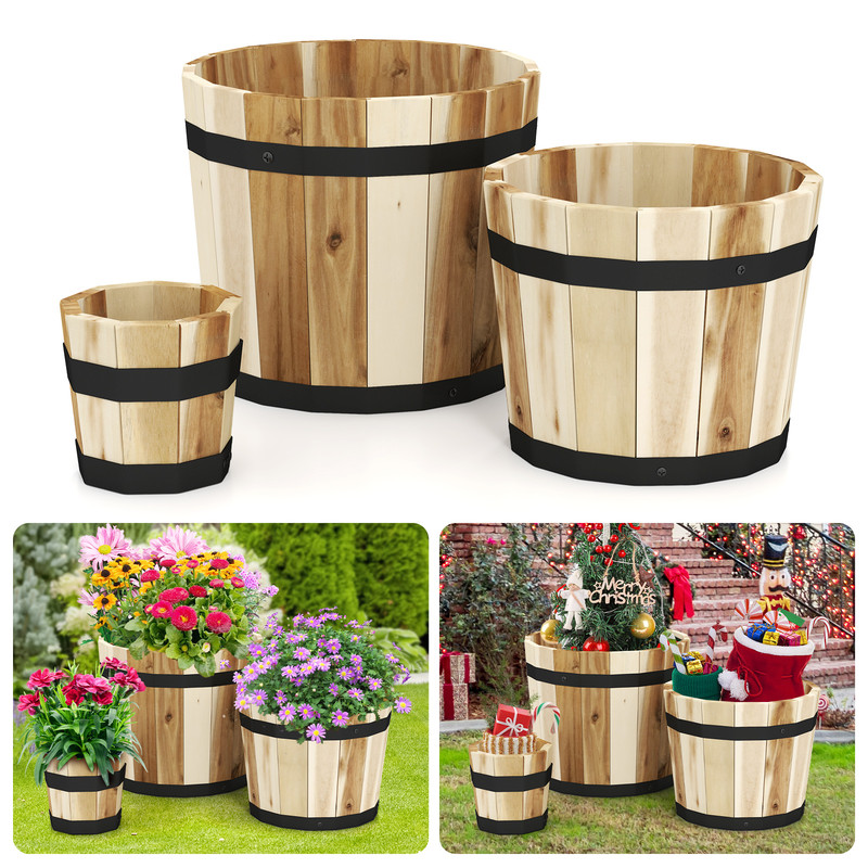 Rustic Outdoor Wooden Planter Box Set Acacia Wood Garden Pots With Drainage Holes For Balcony Patio 0