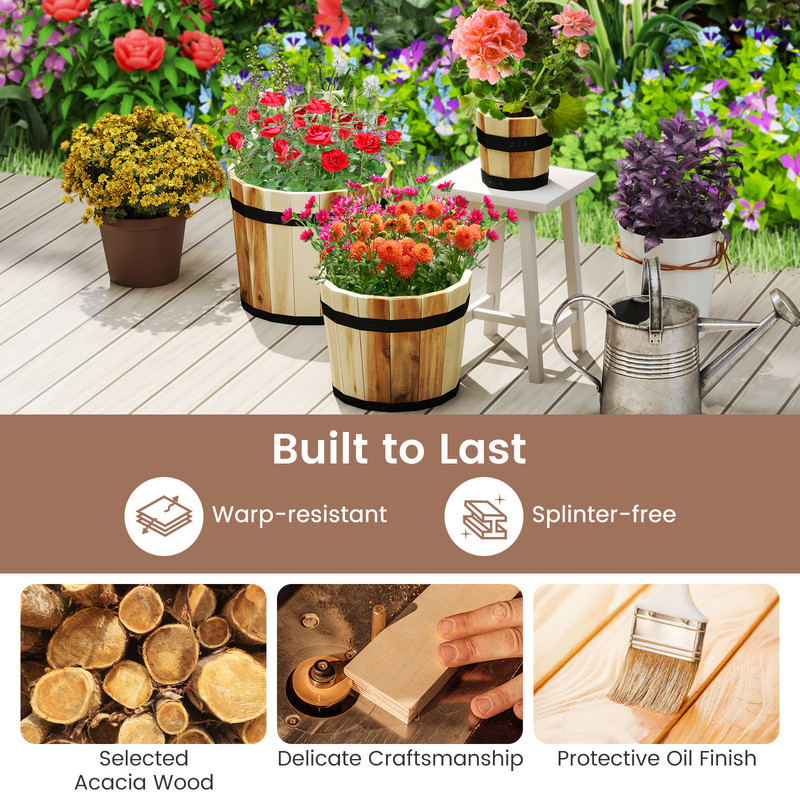 Rustic Outdoor Wooden Planter Box Set Acacia Wood Garden Pots With Drainage Holes For Balcony Patio 3