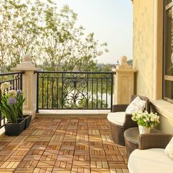27 pieces acacia wood interlocking patio deck tile, easy-install hardwood flooring for outdoor & indoor use