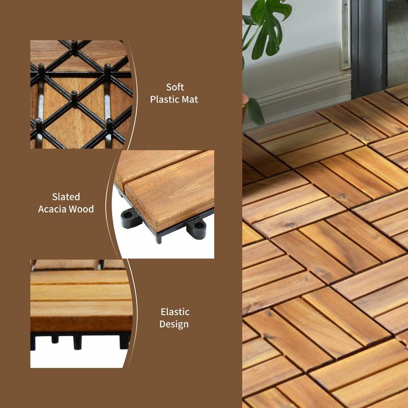 27 Pieces Acacia Wood Interlocking Patio Deck Tile, Easy-Install Hardwood Flooring for Outdoor & Indoor Use