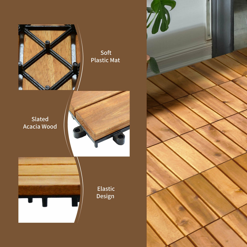 27 Pieces Acacia Wood Interlocking Patio Deck Tile – Easy-Install Hardwood Flooring for Outdoor & Indoor Us