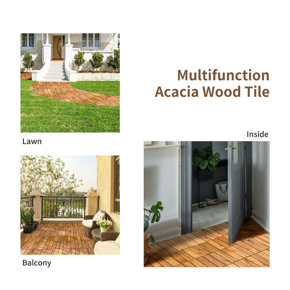 27 Pieces Acacia Wood Interlocking Patio Deck Tile – Easy-Install Hardwood Flooring for Outdoor & Indoor Us
