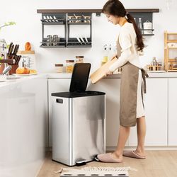 2 x 8 gal dual compartment trash can, stainless steel, soft close, odor-free kitchen & office bin