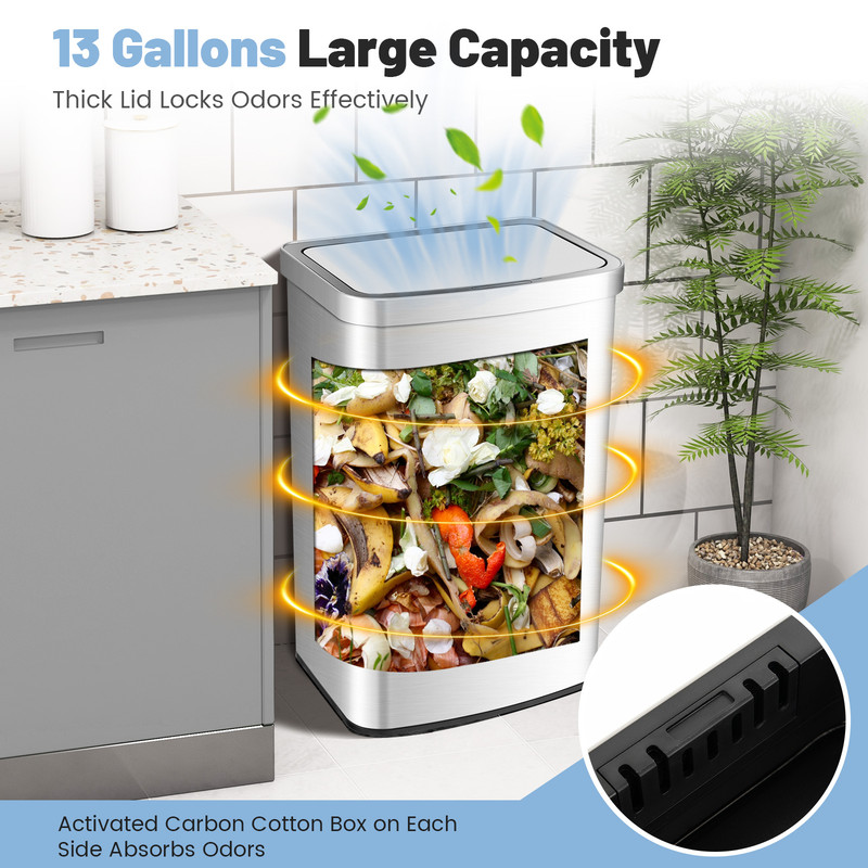 13-Gallon Automatic Garbage Can with Infrared Motion Sensor, Hands-Free, Odor-Control Stainless Steel Trash Bin
