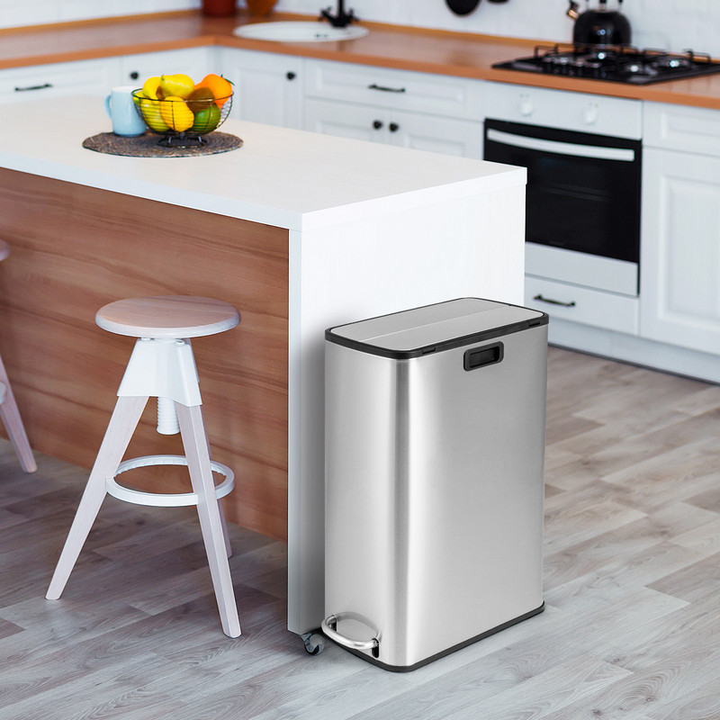 12 Gal Stainless Steel Trash Can with Soft-Closing Wing Lids, Hands-Free Step Pedal, Rustproof & Space-Saving Design