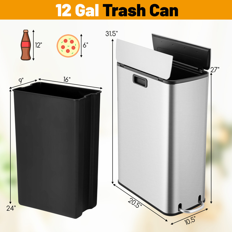 12 Gal Stainless Steel Trash Can with Soft-Closing Wing Lids, Hands-Free Step Pedal, Rustproof & Space-Saving Design