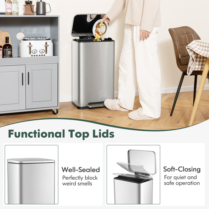 10.5 Gal and 1.6 Gal Step Trash Can Combo Set, Stainless Steel, Detachable Inner Buckets, Soft-Close Pedal Design