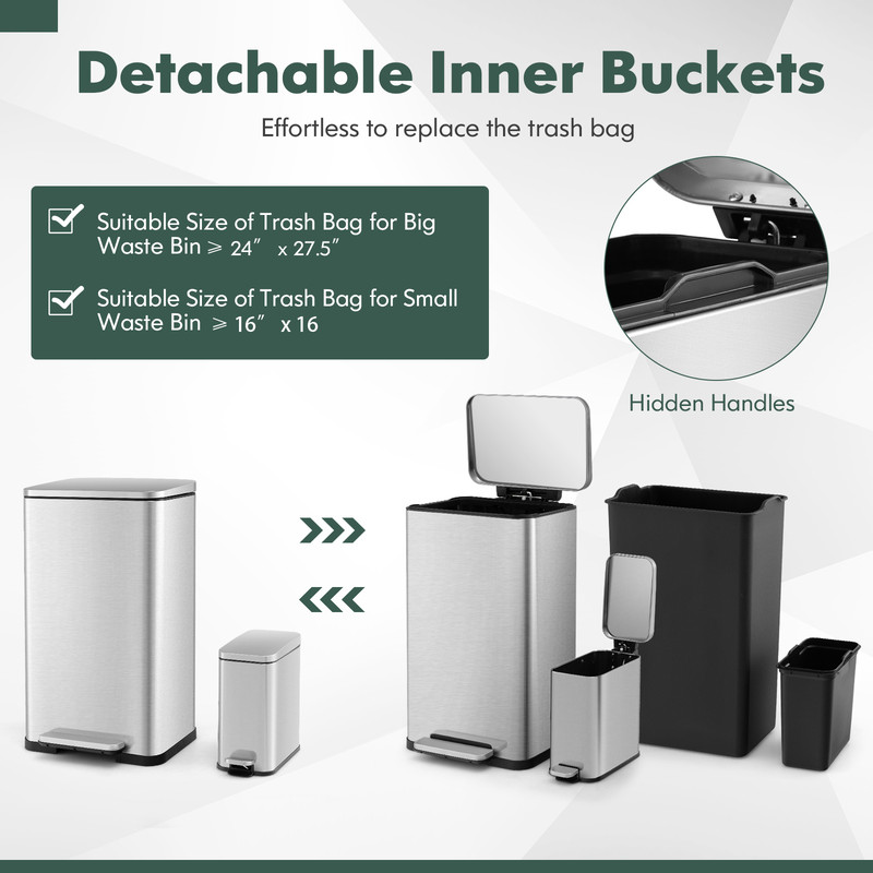10.5 Gal and 1.6 Gal Step Trash Can Combo Set, Stainless Steel, Detachable Inner Buckets, Soft-Close Pedal Design