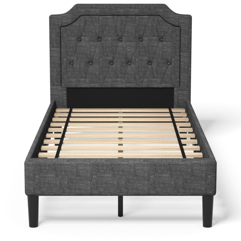 Modern Twin Upholstered Platform Bed, Linen Fabric, Built-In Headboard & Mattress Foundation