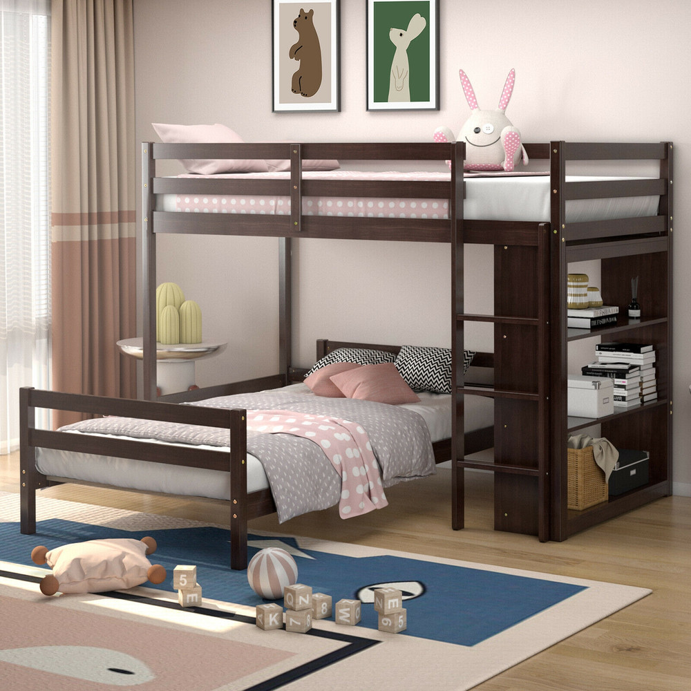 Twin Over Twin Loft Bunk Bed with 3-Tier Bookcase, Space-Saving Study & Sleep Solution