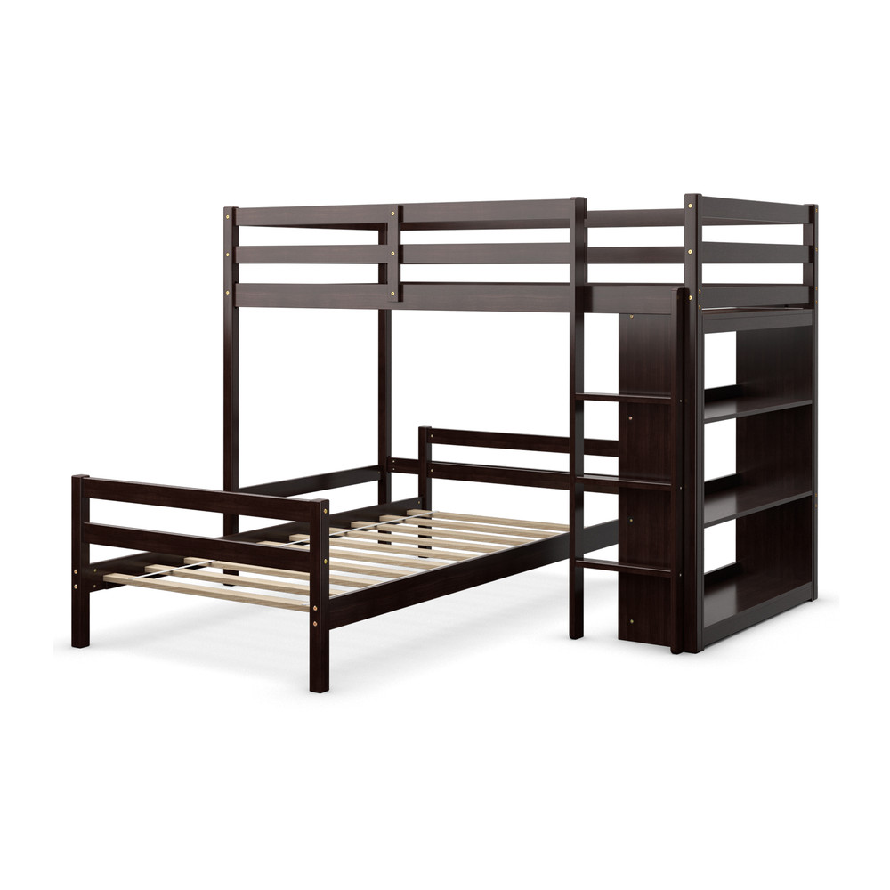 Twin Over Twin Loft Bunk Bed with 3-Tier Bookcase, Space-Saving Study & Sleep Solution