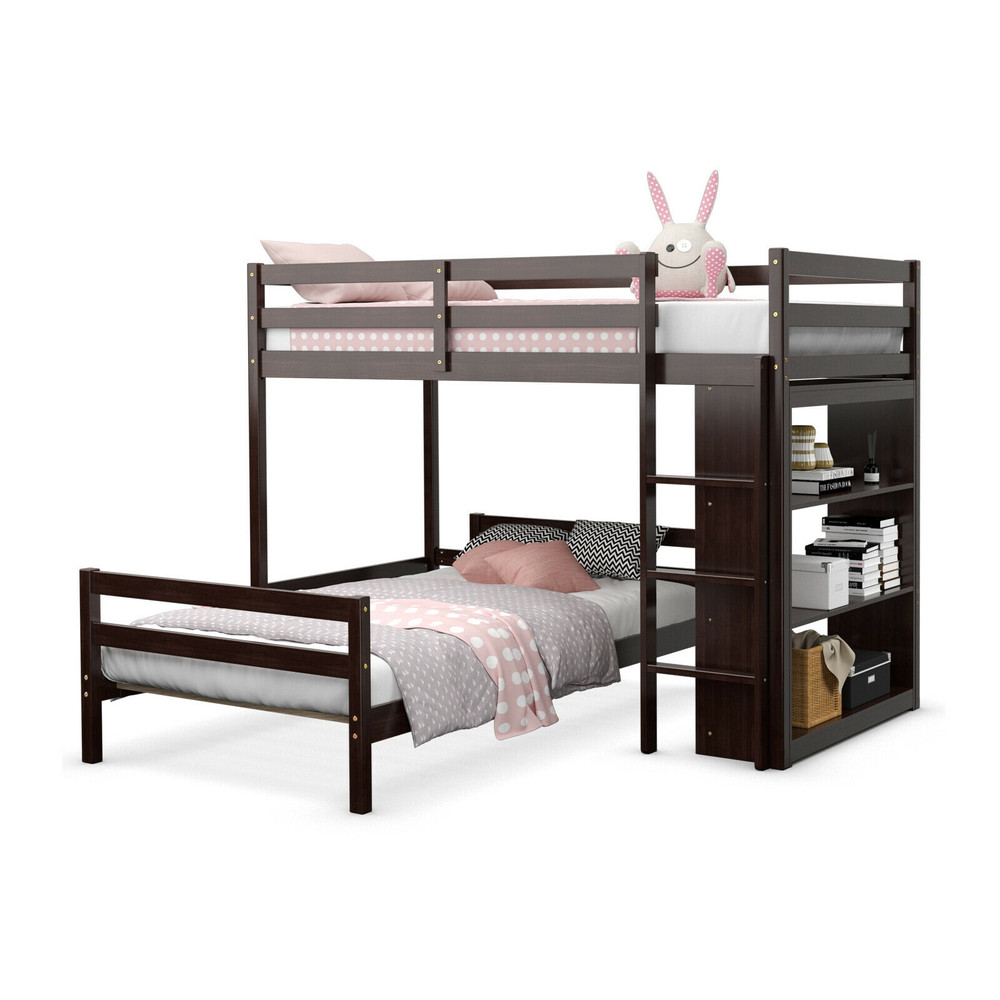 Twin Over Twin Loft Bunk Bed with 3-Tier Bookcase, Space-Saving Study & Sleep Solution