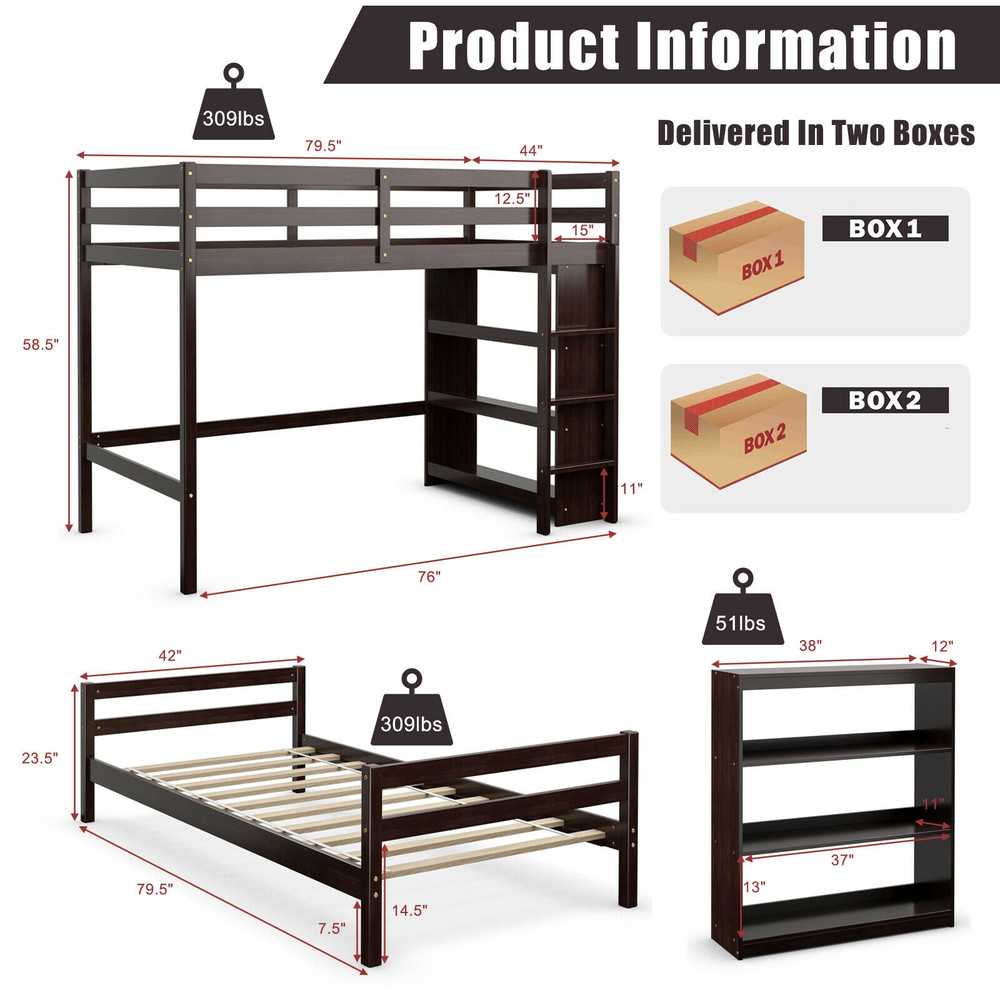 Twin Over Twin Loft Bunk Bed with 3-Tier Bookcase, Space-Saving Study & Sleep Solution