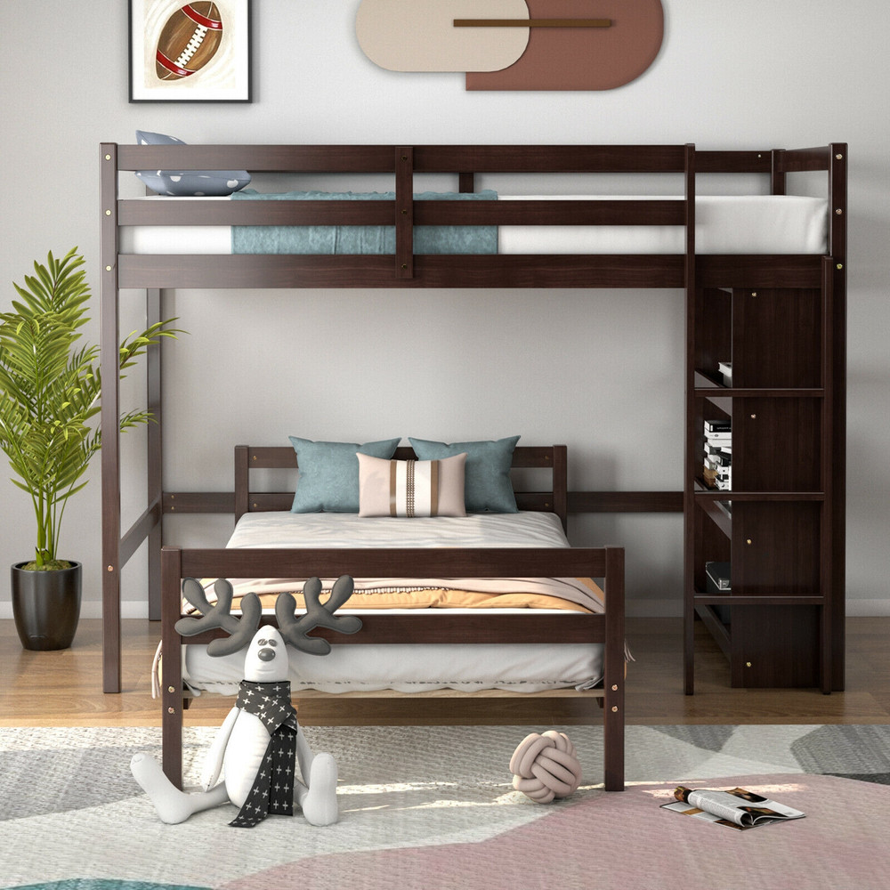 Twin Over Twin Loft Bunk Bed with 3-Tier Bookcase, Space-Saving Study & Sleep Solution