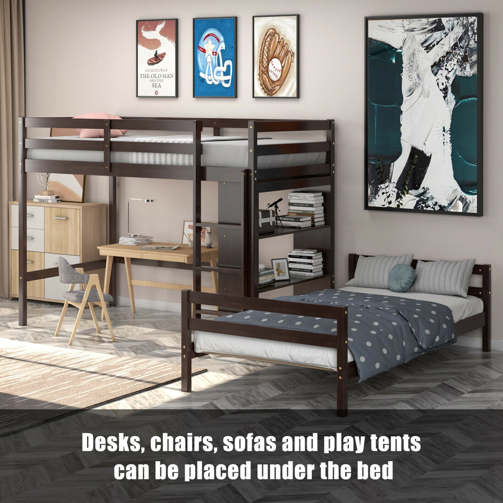 Twin Over Twin Loft Bunk Bed with 3-Tier Bookcase, Space-Saving Study & Sleep Solution