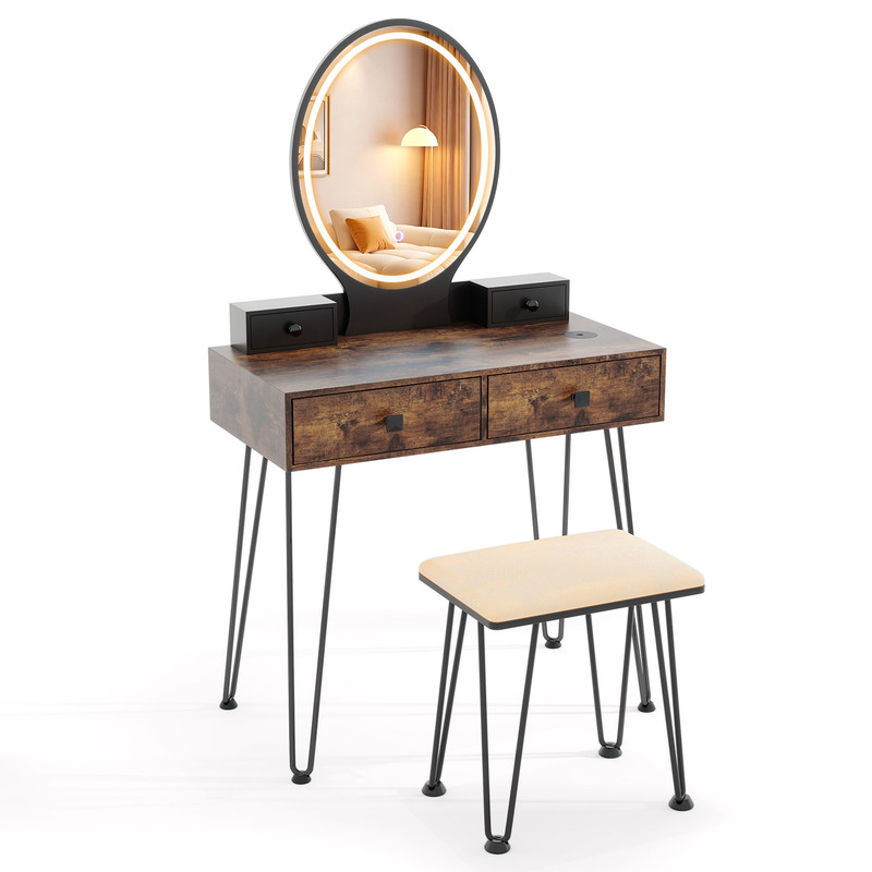 Elegant Vanity Desk with Lighted Mirror, Bedroom Dressing Table with 3-Color Lighting