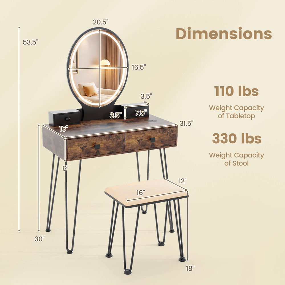 Elegant Vanity Desk with Lighted Mirror, Bedroom Dressing Table with 3-Color Lighting