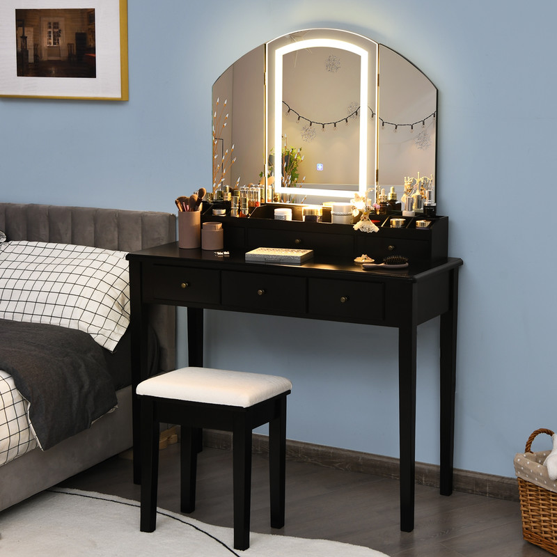 Vanity Table Stool Set with Large Tri-Folding Lighted Mirror & Drawers, Modern Makeup Desk with Storage & LED Light