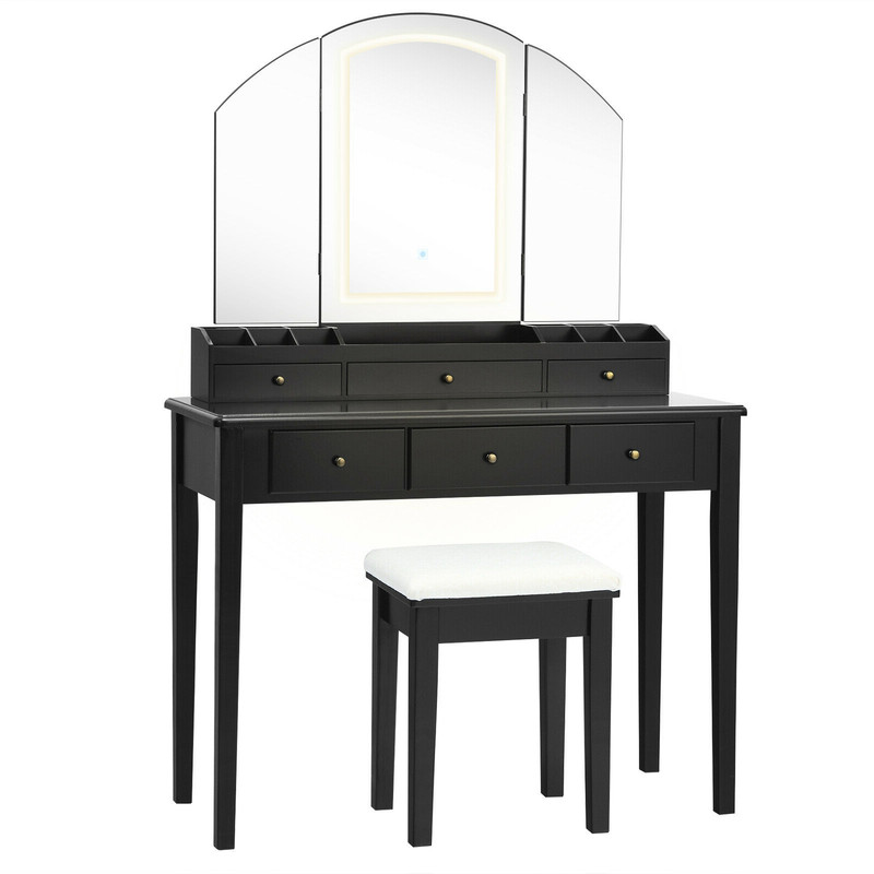 Vanity Table Stool Set with Large Tri-Folding Lighted Mirror & Drawers, Modern Makeup Desk with Storage & LED Light
