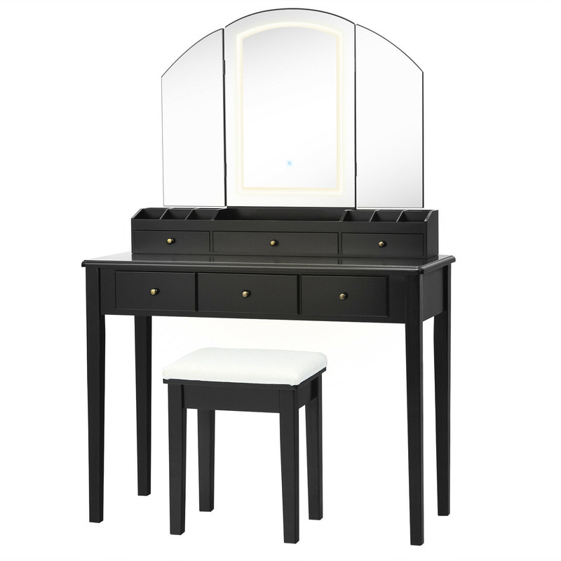 Vanity Table Stool Set with Large Tri-Folding Lighted Mirror & Drawers, Modern Makeup Desk with Storage & LED Light