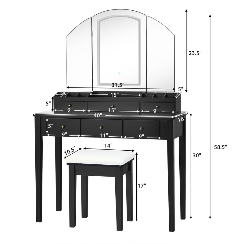 Vanity Table Stool Set with Large Tri-Folding Lighted Mirror & Drawers, Modern Makeup Desk with Storage & LED Light