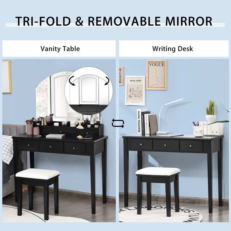 Vanity Table Stool Set with Large Tri-Folding Lighted Mirror & Drawers, Modern Makeup Desk with Storage & LED Light