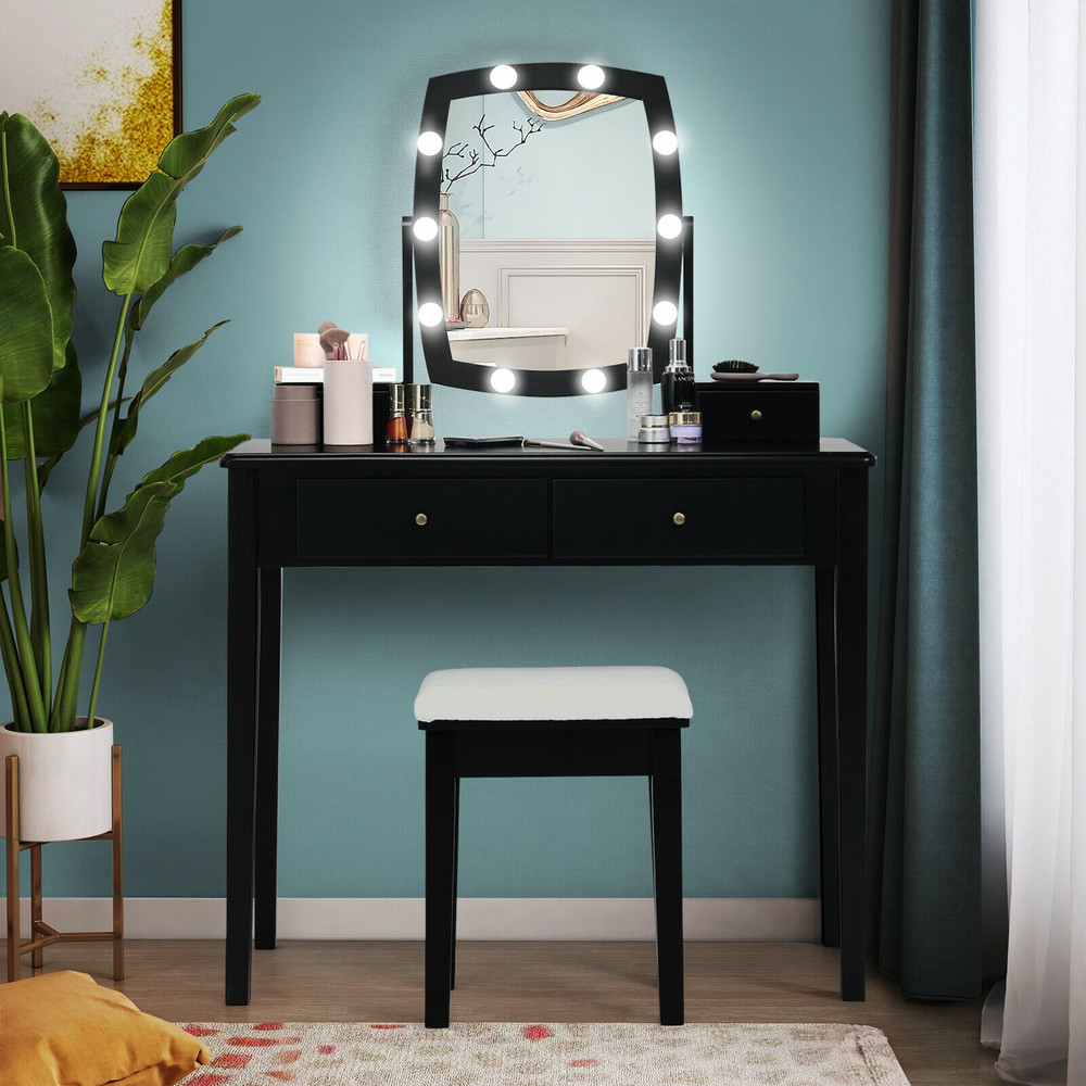 Vanity Table Set with Lighted Mirror for Bedroom and Dressing Room, Makeup Desk with Drawers, Adjustable LED Bulbs