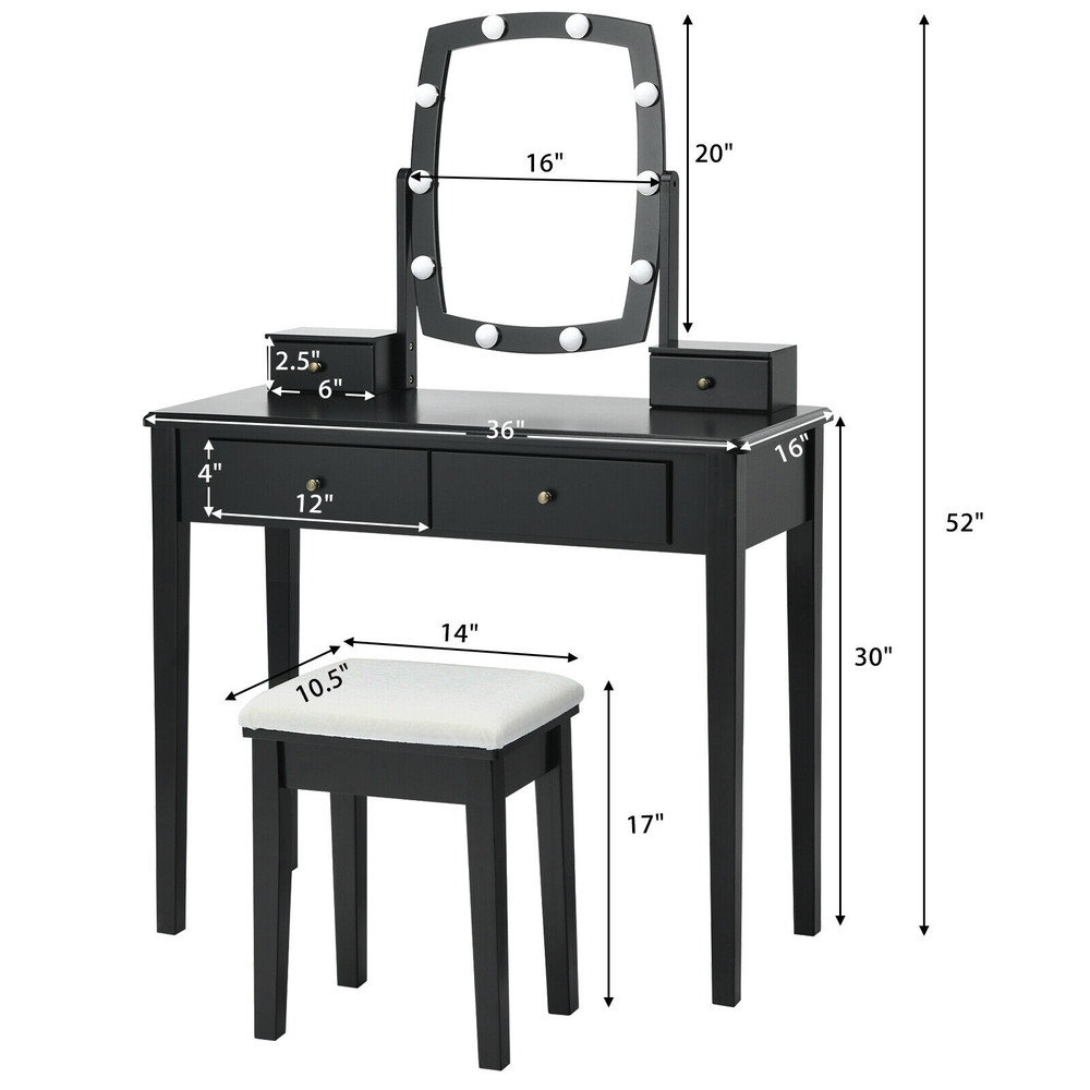 Vanity Table Set with Lighted Mirror for Bedroom and Dressing Room, Makeup Desk with Drawers, Adjustable LED Bulbs