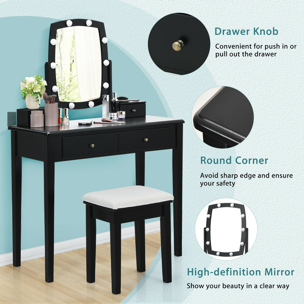 Vanity Table Set with Lighted Mirror for Bedroom and Dressing Room, Makeup Desk with Drawers, Adjustable LED Bulbs