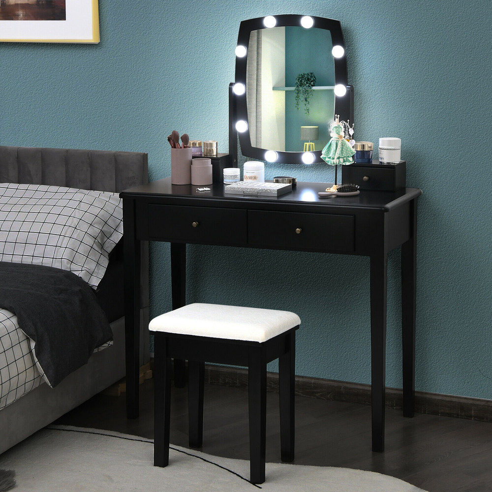 Vanity Table Set with Lighted Mirror for Bedroom and Dressing Room, Makeup Desk with Drawers, Adjustable LED Bulbs