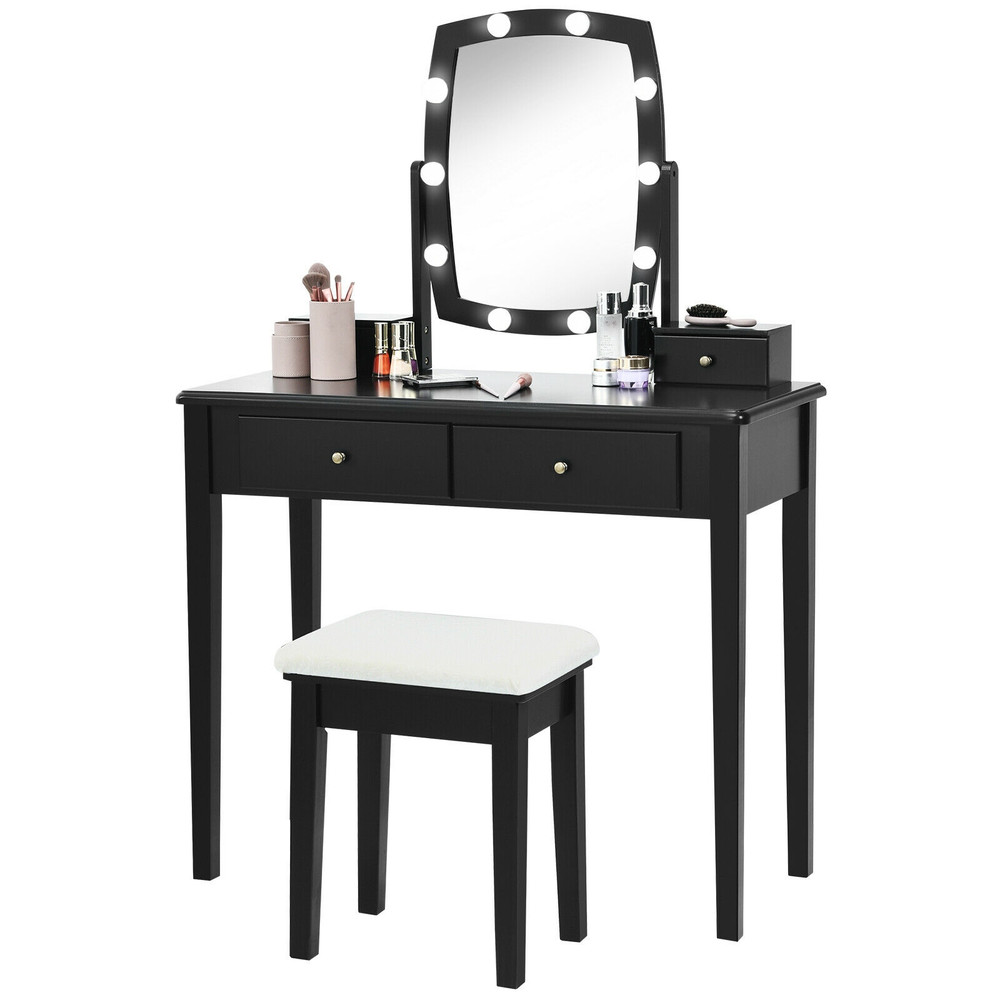 Vanity Table Set with Lighted Mirror for Bedroom and Dressing Room, Makeup Desk with Drawers, Adjustable LED Bulbs